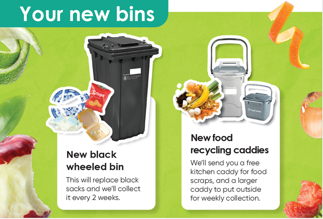 Your new bins, black bin and new food recycling caddies